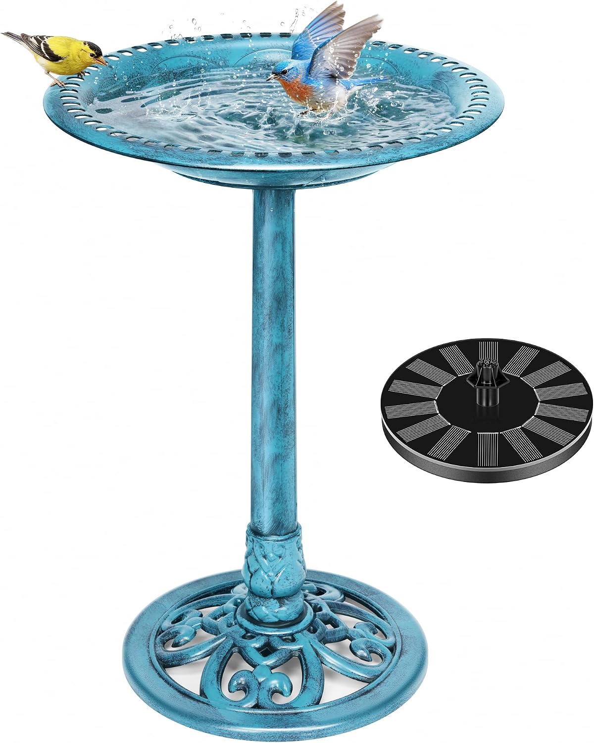 VIVOHOME Bird Bath with Solar Fountain for Outside, Polyresin Pedestal Bird Baths with Solar Powered Pump for Outdoor, Garden, Weather-Resistant Birdbaths with 20" Bowl, Green