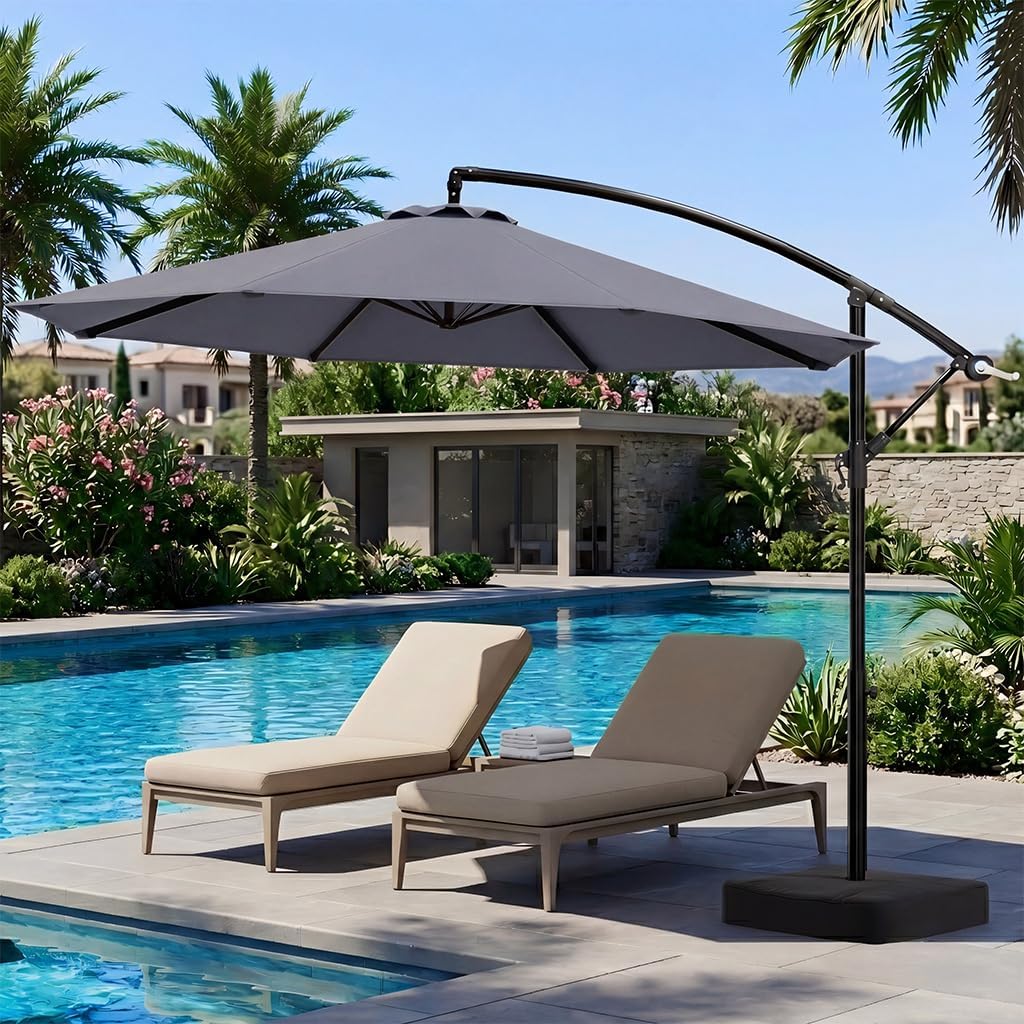 10FT Patio Umbrella with Base Included, Cantilever Offset Outdoor Patio Umbrella with 360° Rotation & Infinite Tilt, Fade-Resistant Yarn-Dyed Canopy, 8-Rib Steel Frame for Patio Pool Deck Backyard, Beige
