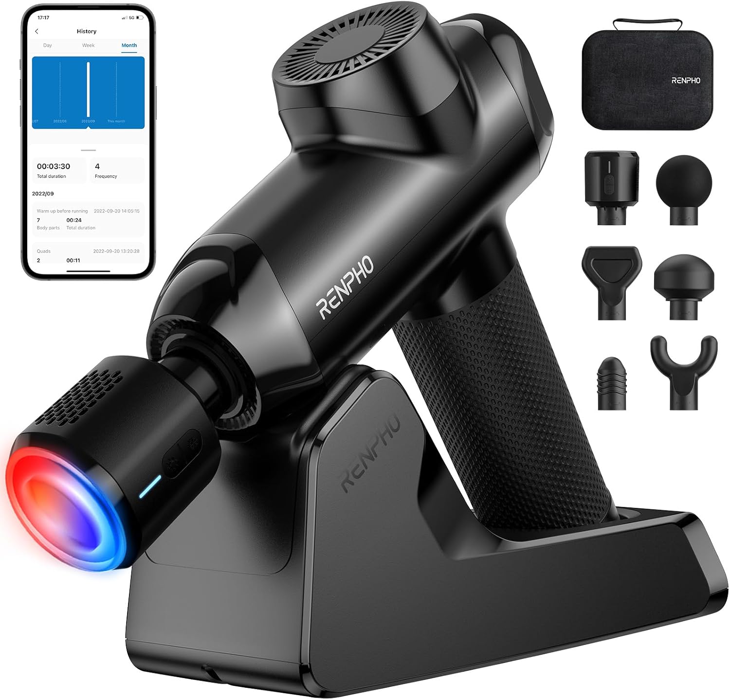 RENPHO Active Thermacool 2 Red Massage Gun with Infrared Heating, Cool Head | VA Display, Deep Tissue Massage for Athletes, Percussion Massager with Heat & Cool for Muscle Relief, 3 Light Modes, 5 Speeds