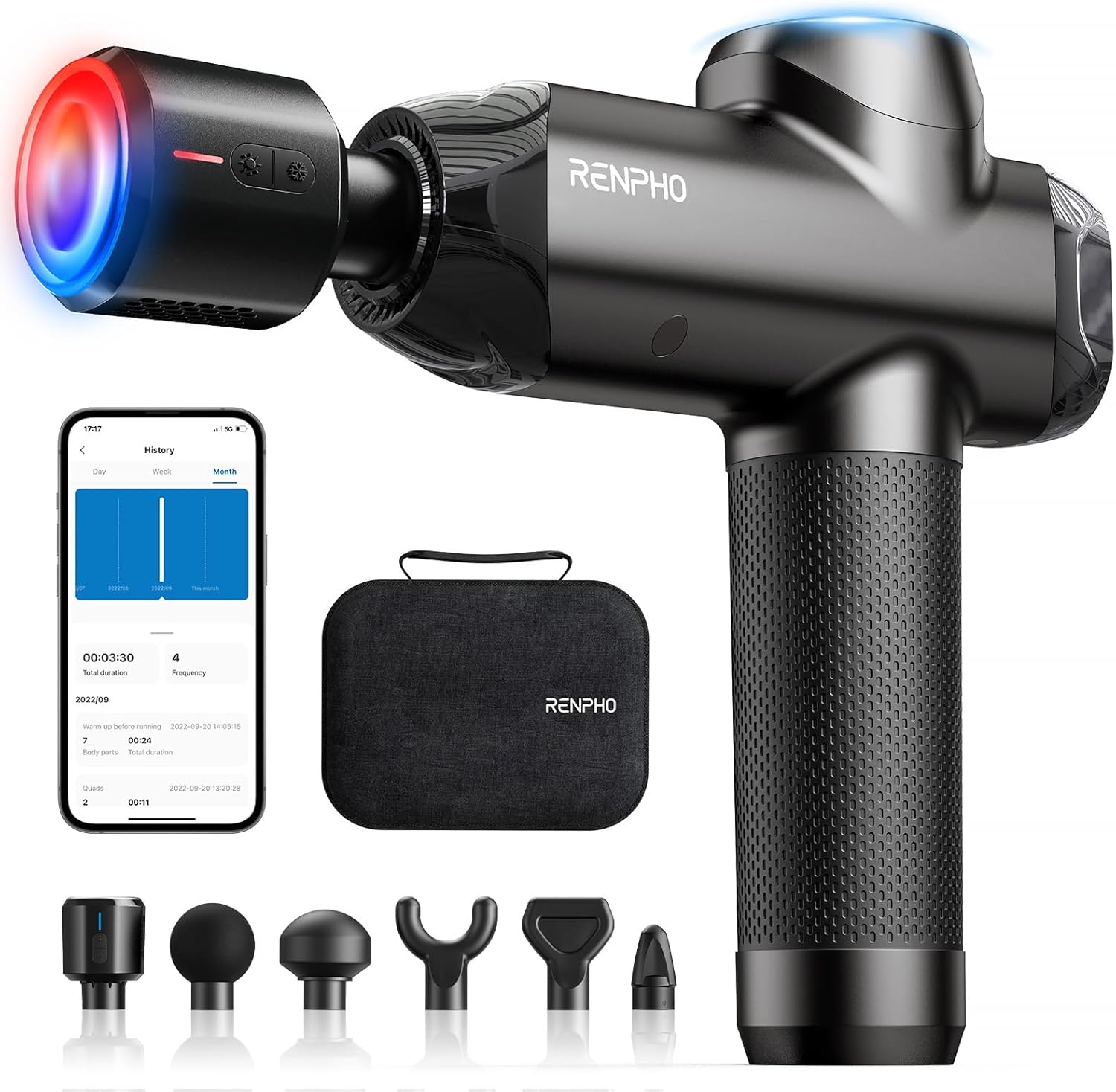 RENPHO Active Thermacool 2 Red Massage Gun with Infrared Heating, Cool Head | VA Display, Deep Tissue Massage for Athletes, Percussion Massager with Heat & Cool for Muscle Relief, 3 Light Modes, 5 Speeds