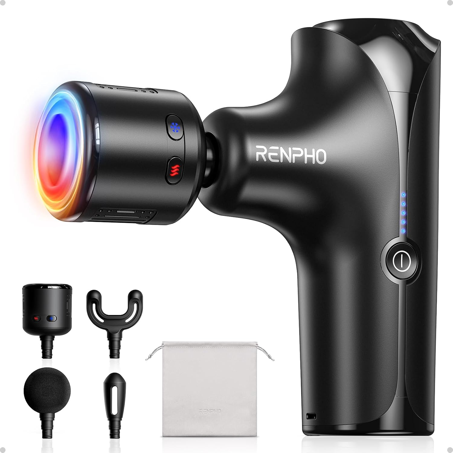 RENPHO Active Thermacool 2 Red Massage Gun with Infrared Heating, Cool Head | VA Display, Deep Tissue Massage for Athletes, Percussion Massager with Heat & Cool for Muscle Relief, 3 Light Modes, 5 Speeds